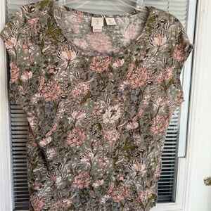 Joie 100% Linen Fitted Cap Sleeve Top Green Pink Floral Lghtwght